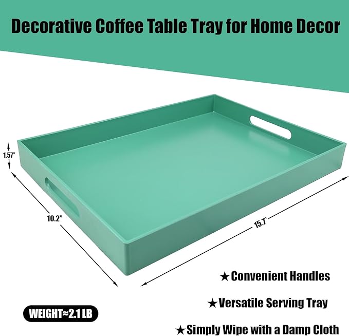 Green Serving Tray for Coffee Table, Rectangular Plastic Decorative Tray with Handles for Entertaining, Outdoor Patio, Living Room, Ottoman, Bathroom Counter, 11.8”*15.7”*1.6”