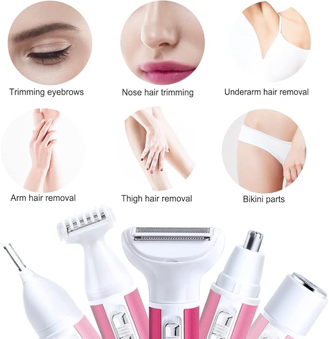 Electric Razor for Women Removal for Body Nose Hair Trimmer Face Shavers Eyebrow Legs Armpit Bikini Area Pubic Underarms Painless Rechargeable Portable 5 in 1 Womens Razors Set-BrightBean Baby
