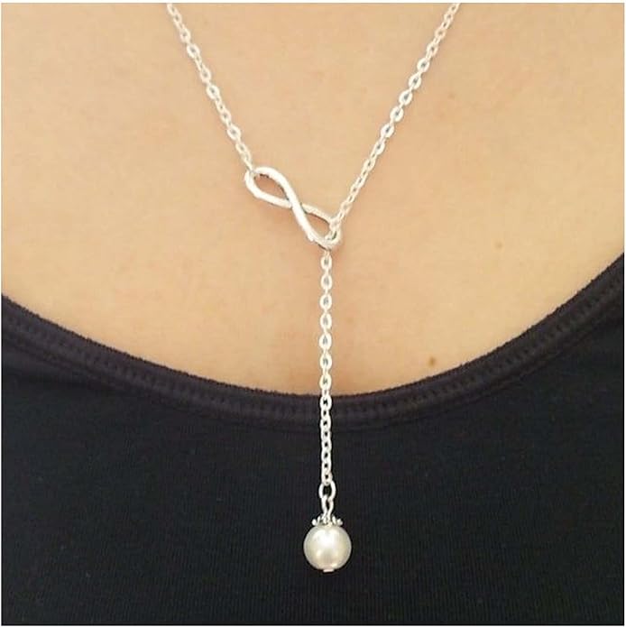 Boho Pearl Infinity Necklace Silver Y Pearl Necklace Minimalist Chain Y Lariat Necklace Chain Jewelry for Women and Girls-BrightBean Baby