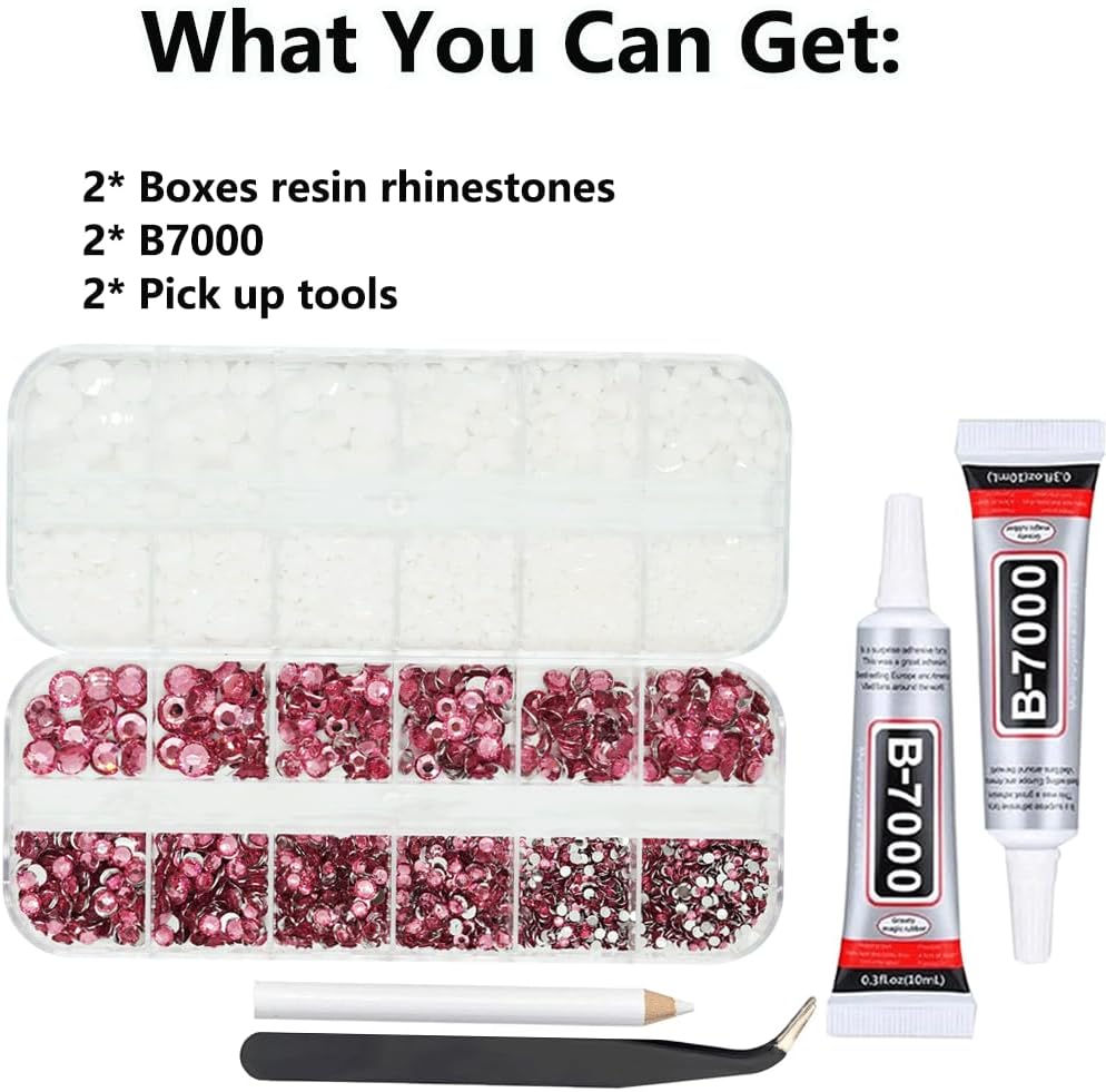White And Pink Rhinestones with Glue(S8-S30) for Bedazzling,2mm-6mm Non-Hotfix Flatback Nail Gems Beads with B7000, Resin Nail GemsStones Diamond Kit for Bedazzle Crafting, Nails DIY Art Decoration-BrightBean Baby