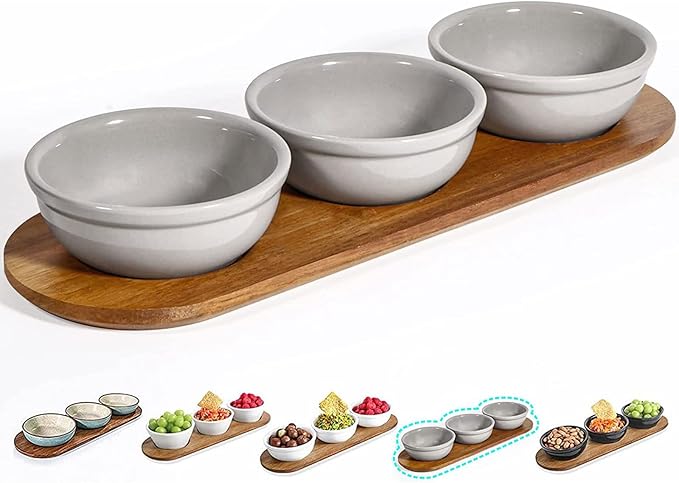 Artena 12 oz Solid Ceramic Chip and Dip Serving Set with Acacia Wooden Tray, 5-inch Grey Dipping Bowls, Small Serving Bowls for Side Dishes, Salsa, Appetizer, Serving Dishes for Entertaining
