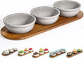 Artena 12 oz Solid Ceramic Chip and Dip Serving Set with Acacia Wooden Tray, 5-inch Grey Dipping Bowls, Small Serving Bowls for Side Dishes, Salsa, Appetizer, Serving Dishes for Entertaining