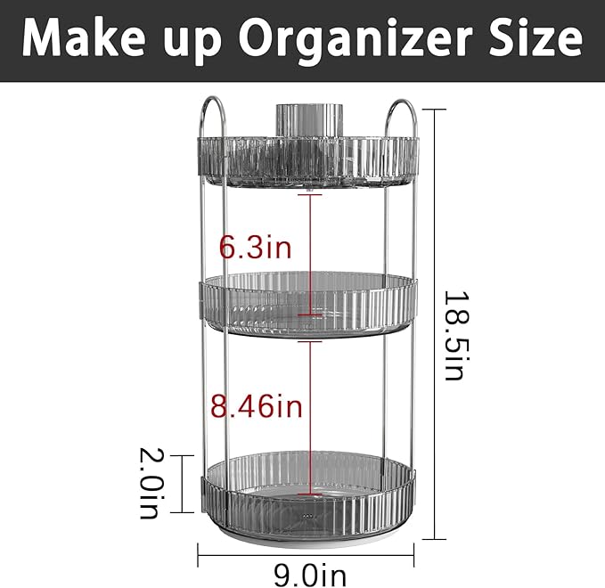 Rotating Makeup Organizer for Vanity, High-Capacity Skincare Clear Make Up Storage Perfume Organizers Cosmetic Dresser Organizer Countertop 360 Spinning (Gray, New-3 Tier)-BrightBean Baby
