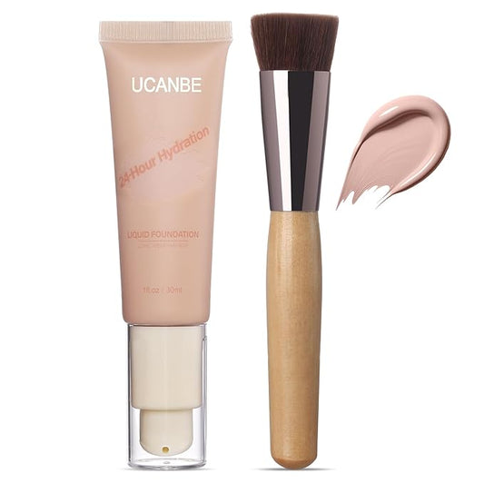UCANBE Matte Liquid Foundation with Brush, Serum Foundation Face Makeup with Hyaluronic Acid, Medium to Full Coverage Waterproof Oil Control Longwear, for Mature Skin, Natural Ivory, 1 fl. oz.-BrightBean Baby