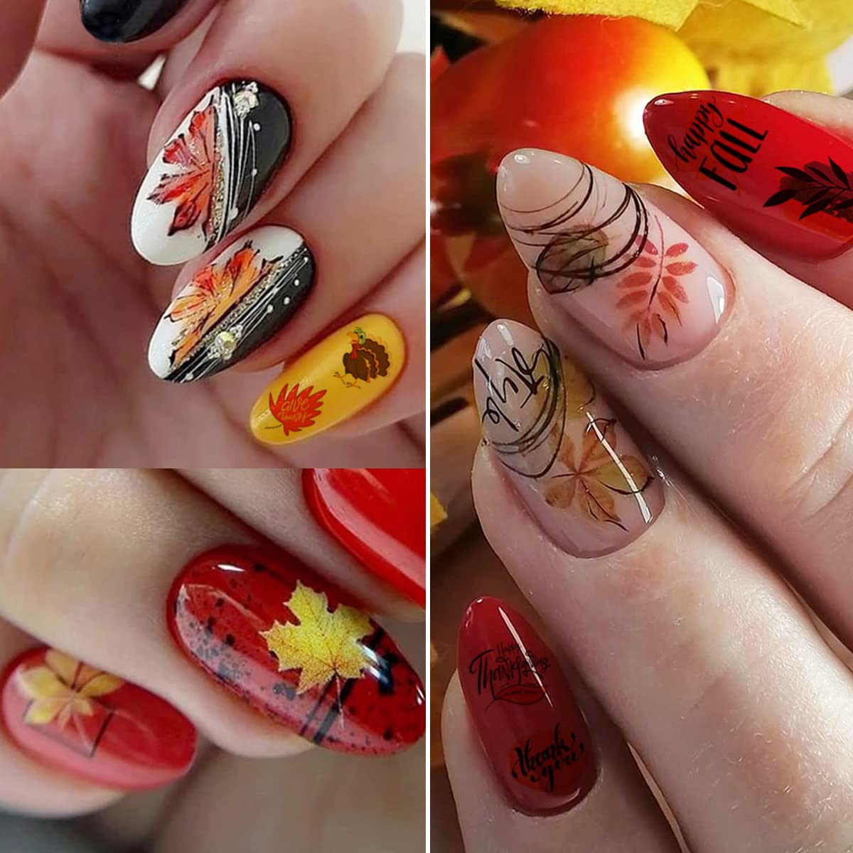 12 Sheets Fall Nail Art Stickers 3D Autumn Leaves Nail Decals Self-Adhesive Thanksgiving Nail Art Accessories Foils Maple Leaf Pumpkin Turkey Nail Designs for Women Girls DIY Manicure Decoration-BrightBean Baby