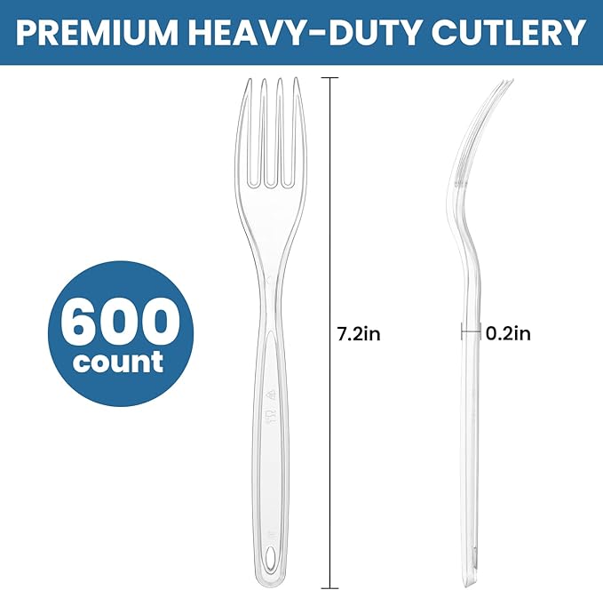 [600 Count] Clear Plastic Utensils 600 Disposable Forks Silverware Bulk Forks Bulk Heat Resistant Heavy Duty Silverware