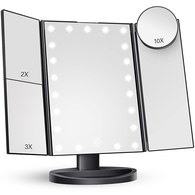 HUONUL Makeup Mirror Vanity with Lights, 2X 3X 10X Magnification, Lighted Mirror, Touch Control, Trifold Dual Power Supply, Portable LED Women Gift (Black)-BrightBean Baby