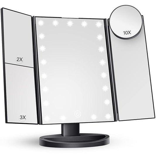HUONUL Makeup Mirror Vanity with Lights, 2X 3X 10X Magnification, Lighted Mirror, Touch Control, Trifold Dual Power Supply, Portable LED Women Gift (Black)-BrightBean Baby