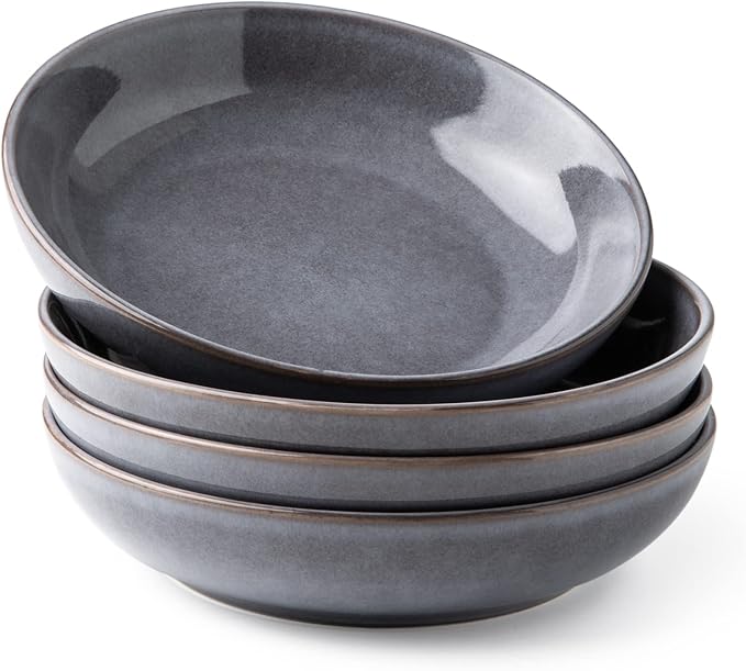 AmorArc 8.5'' Large Pasta Bowls, 36oz Stoneware Pasta Serving Bowls Set of 4 for Kitchen, Wide Bowls for Pasta,Salad,Fruit,Oatmeal, Microwave Safe, Reactive Glaze-Gray