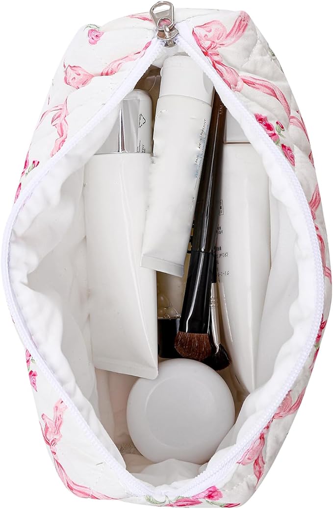 Makeup Bag Travel Cosmetic Bag for Women Girls, Zipper Make Up Pouch, Floral Flowers Toiletry Organizer Makeup, Portable Storage Bag, Cosmetic Travel Cloth Bag (2 Pack (L+S)/Pink Bowknot)-BrightBean Baby