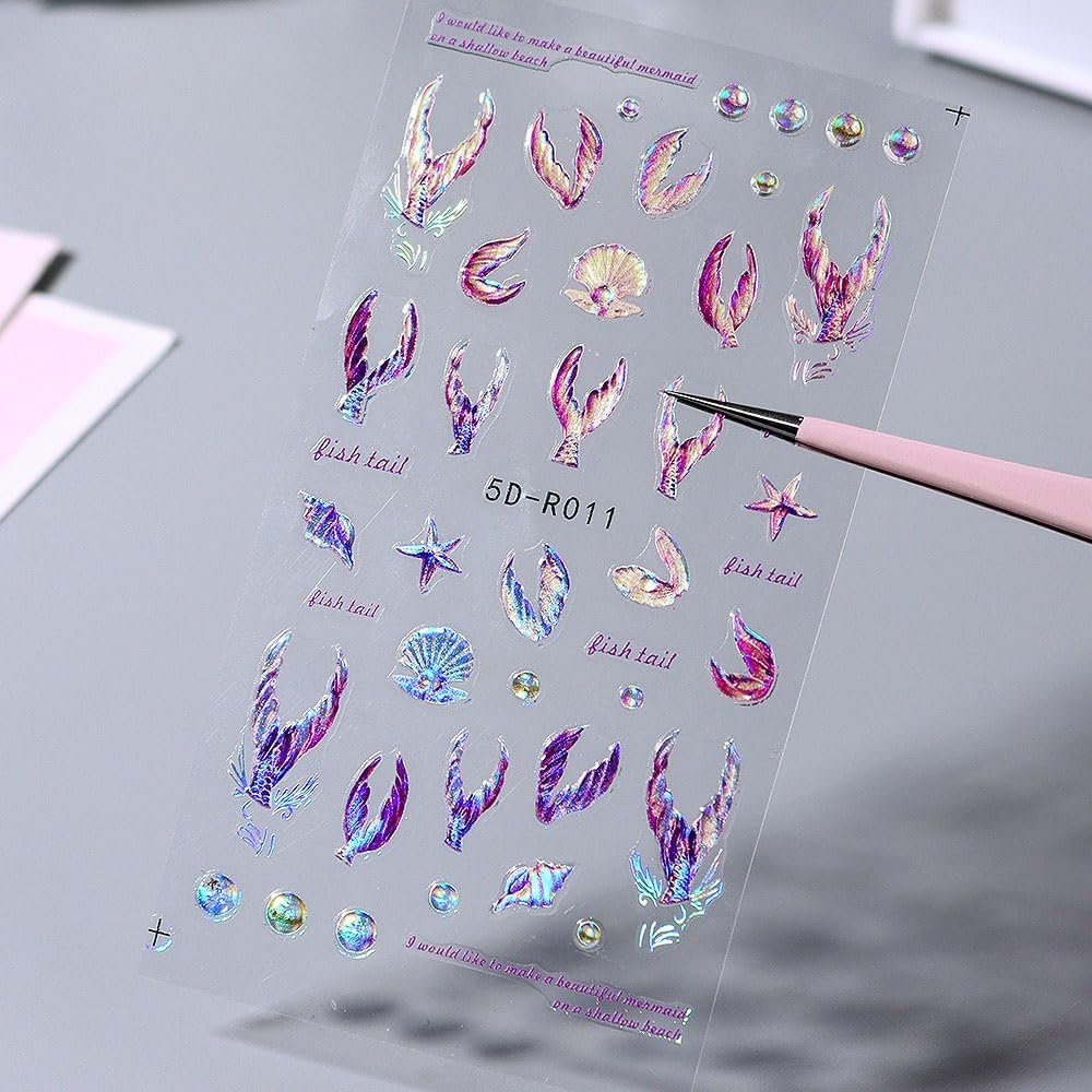 5D Dreamy Mermaid Tail Nail Stickers Summer Nail Decals 5D Embossed Laser Mermaid Nail Art Stickers Sea Wave Fishtail Shellfish Starfish Nail Design Stickers Self Adhsive Ocean Stickers for Nails DIY-BrightBean Baby