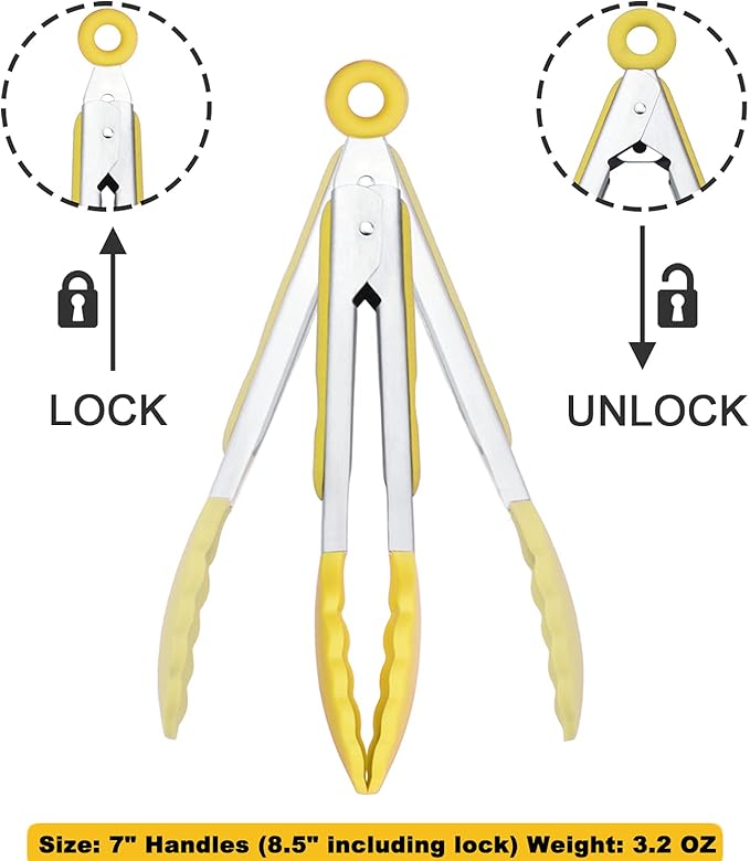 Small Appetizer Tongs 7-Inch Silicone Tipped Kitchen Tongs, Set of 3 (Yellow)