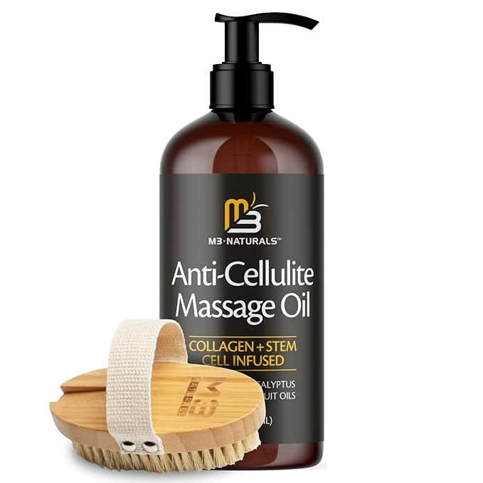 M3 Naturals Anti Cellulite Massage Oil and Firm Dry Brush Kit | Collagen & Stem Cell Skin Tightening Kit | Radiant Body Care Kit for Women-BrightBean Baby