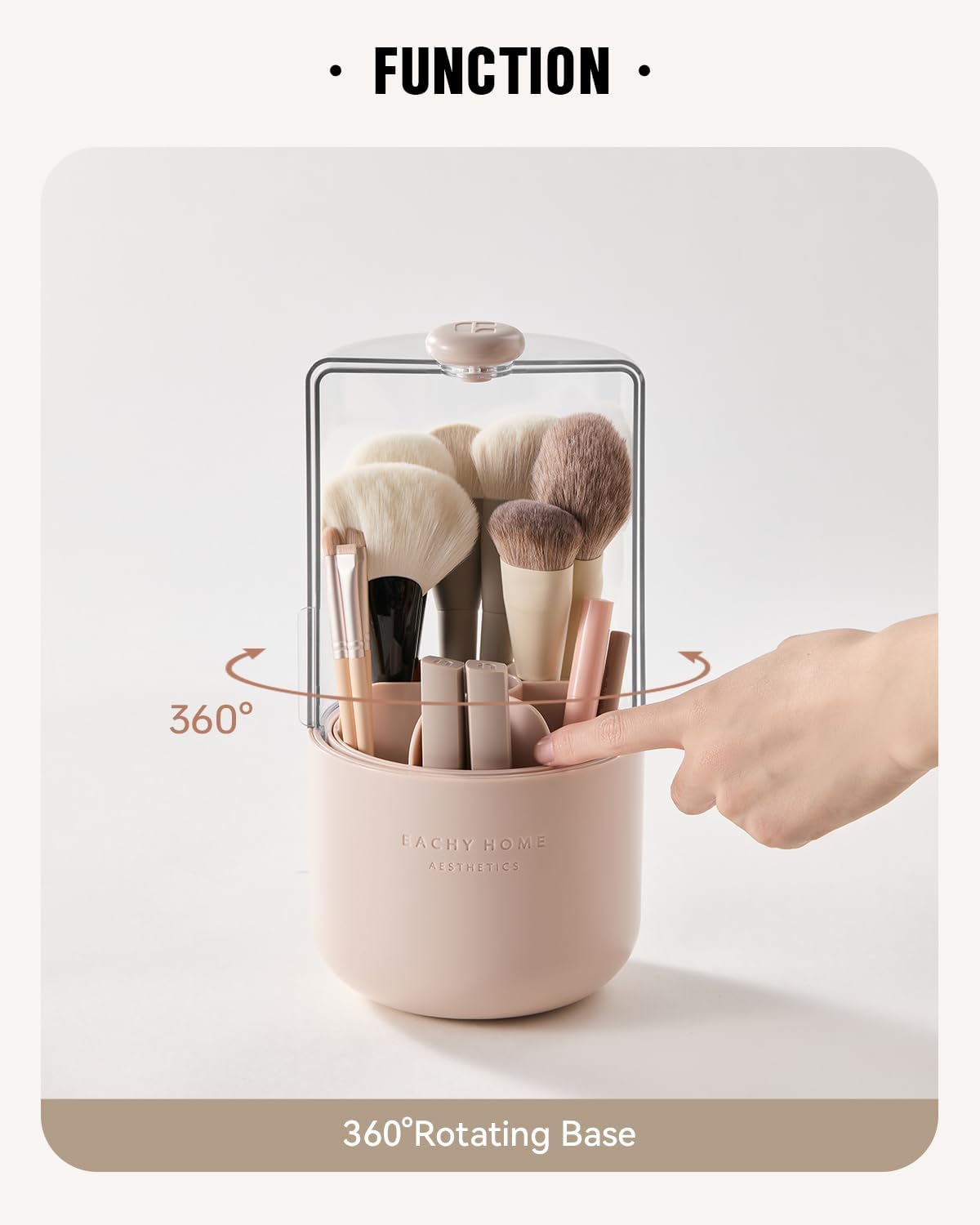 EACHY Makeup Brush Holder 360° Rotating with Dustproof Lid, Waterproof Material, 7 Compartments for Organized Storage, Stylish and Durable Design for Vanity (Pink)-BrightBean Baby
