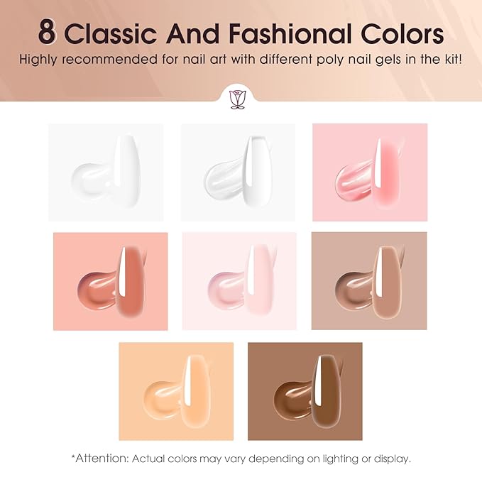 ROSALIND Poly Nail Gel Kit -8 Colors + Nail Art Accessories Kit Neon Poly Nails Gel Kit Starter Kit With Slip Solution Pro Clear Bright Colors Nail Extensions Gel Set with Mini UV Lamp-BrightBean Baby