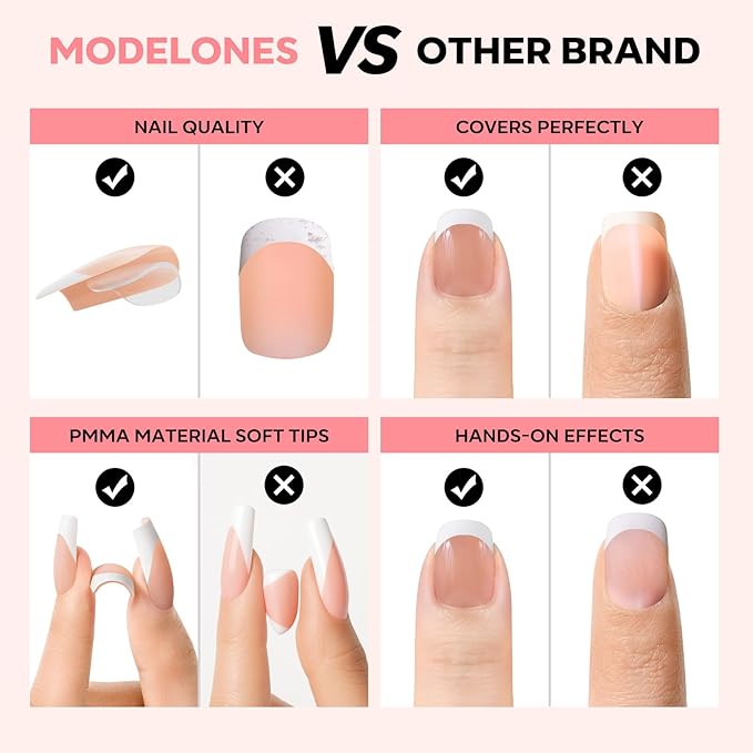 modelones French Tip Press on Nails, Short Square Fake Nails with Nail Box, Deep Nude Gel Nail Tips for Women, Soft Glue-On Nails for Natural Salon Look, DIY Nail Art Kit-BrightBean Baby