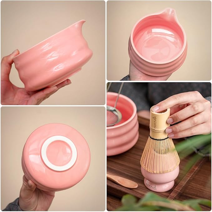 Matcha Whisk Set - Ceramic Bowl, Bamboo Whisk with Holder, Sifter, Schima Spoon, Spoon Rest and Tea Towel - 7 Pcs Complete Kit for Traditional Matcha and Modern Lattes (Pink)