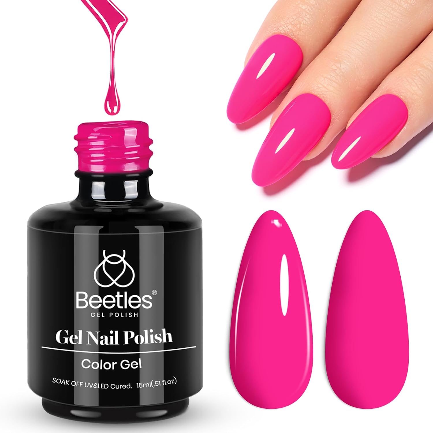 Beetles Pink Gel Nail Polish - Year 2 Kilo 15ML Gel Polish, 1 Pcs Hot Pink Colors, Soak off UV LED Lamp Nail Art Manicure Salon DIY Nail Design for Girls-BrightBean Baby