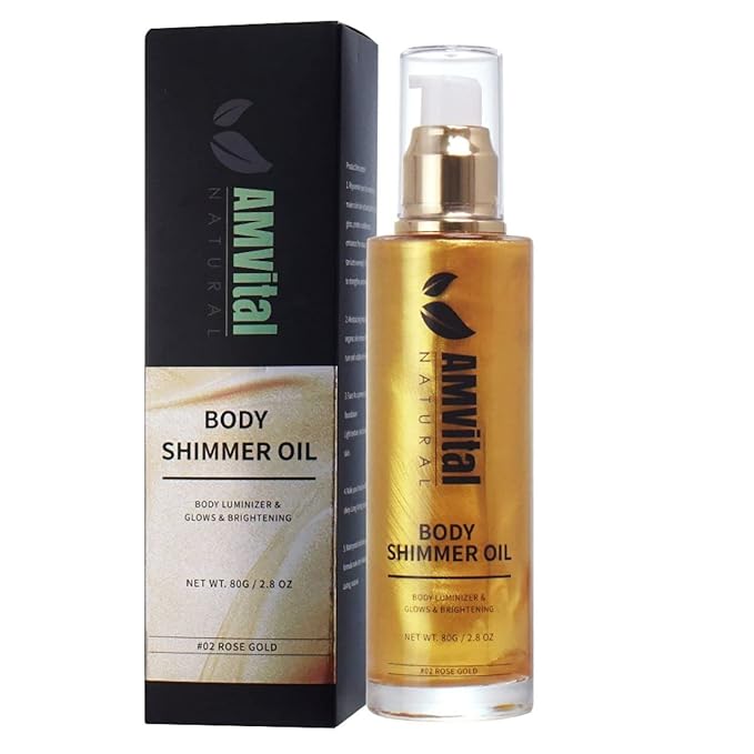 Shimmer Body Oil Rose Gold, Illuminator Highlighter for Face & Body Makeup Shine, Non-Sticky Body Moisturizing For All Skin Types, Fast Absorbing & lightweight Body Oil For Women-BrightBean Baby