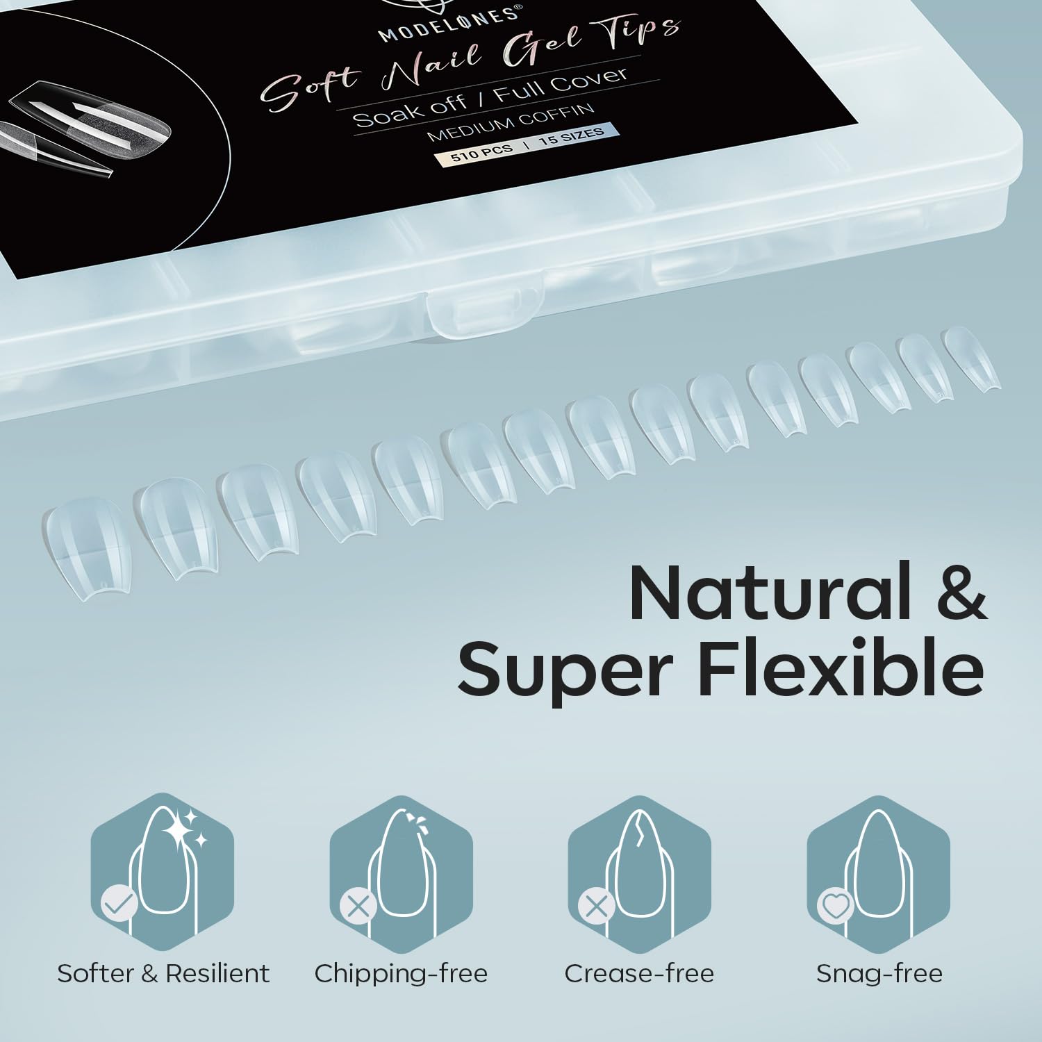 Modelones Medium Coffin Fake Nail Tips - 510Pcs Gel Tips Pre-shaped Half Matte Full Cover Clear Acrylic Gel Kit False Press on Nails for Extension DIY Salon 15Sizes-BrightBean Baby