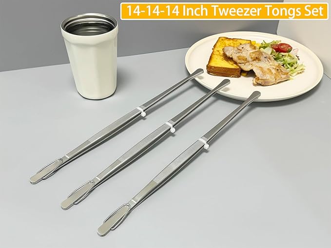 JETKONG 3 Pcs 14-Inch Stainless Steel Cooking Tweezers Heavy Duty Kitchen Food Tweezers (14 14 14 Inch, Silver)