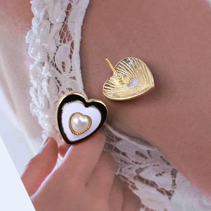 Vintage Pearl Heart Stud Earrings Enamel Heart Earrings Heart Love Earrings White Minimal Earrings Jewelry for Women-BrightBean Baby