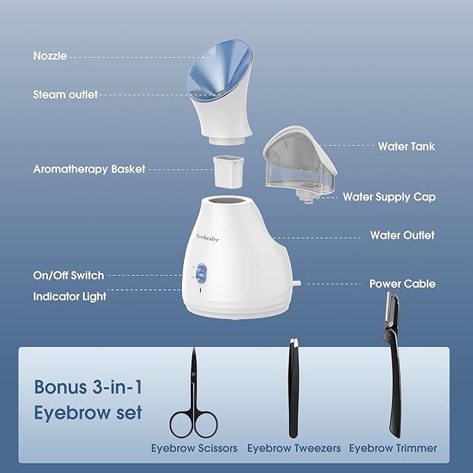 Newbealer 2in1 Facial Steamer, Hot Mist Facial Aromatherapy Humidifier Atomizer, Large Face Steamer Unclogs Pores Sinuses Moisturizing, Home Sauna Spa with Eyebrow Set (Blue, 170ml)-BrightBean Baby