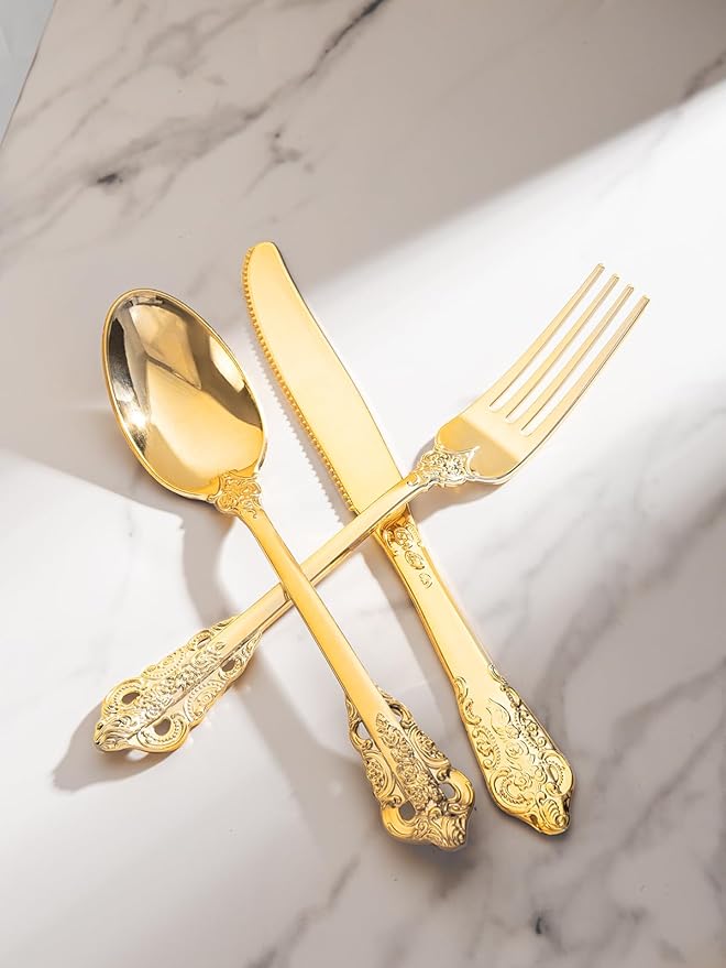 bUCLA 150PCS Gold Plastic Silverware Disposable - Heavy Duty Plastic Cutlery - Gold Disposable Utensils Set - Include 50 Knives, 50 Forks, 50 Spoons for Party & Thanksgiving