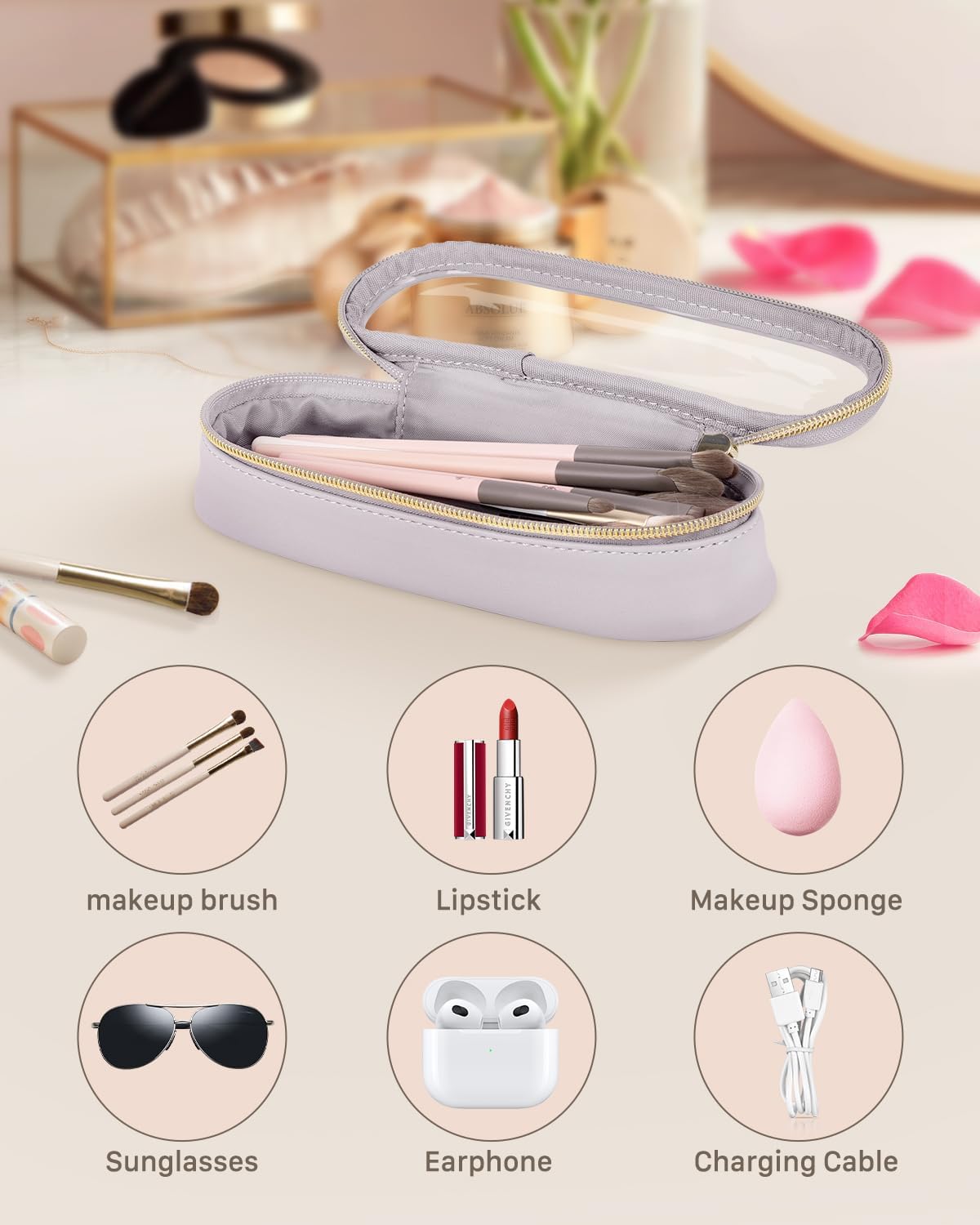 Clear Travel Makeup Brush Holder, Leather Makeup Brush Toiletry Bag, Portable Cosmetic Brush Case, Transparent Waterproof Makeup Brush Storage Bag, Purple-BrightBean Baby