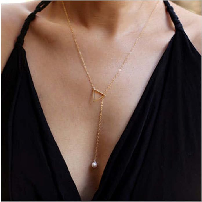Boho Pearl Triangle Necklace Gold Y Pearl Necklace Minimalist Y Lariat Necklace Geometry Chain Jewelry for Women and Girls-BrightBean Baby