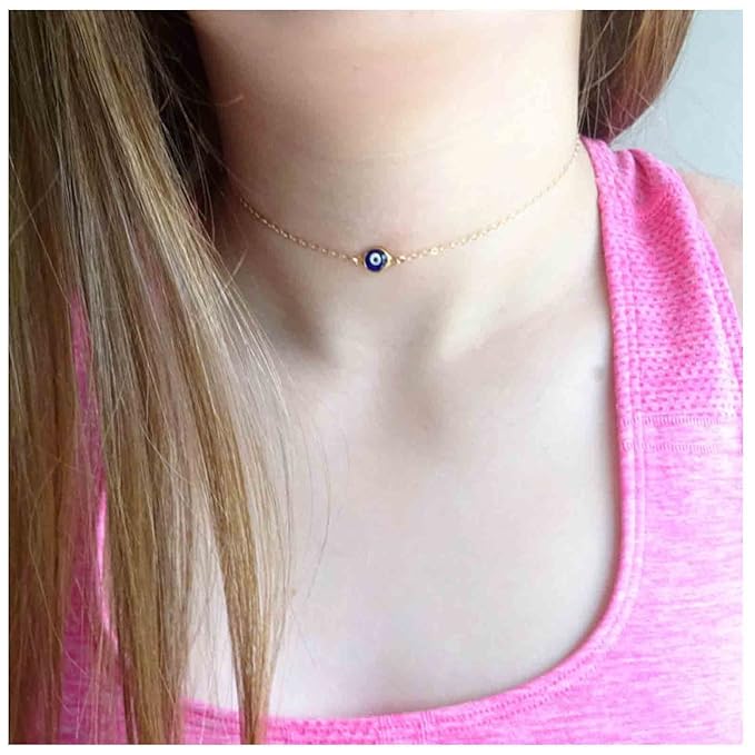 Boho Evil Eye Choker Necklace Blue Eye Pendant Necklace Minimal Gold Chain Necklace Lucky Eye Necklace Amulet Chain Jewelry for Women and Girls-BrightBean Baby