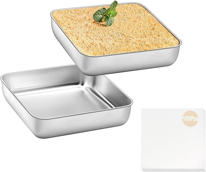 BEWOS 102 PCS 8-Inch Square Cake Pan Set - Includes 100 Baking Parchment Papers, Double Non-Stick Stainless Steel Cake Pans, Baking Pan for Brownie Cakes, Mirror Polished & Dishwasher Safe