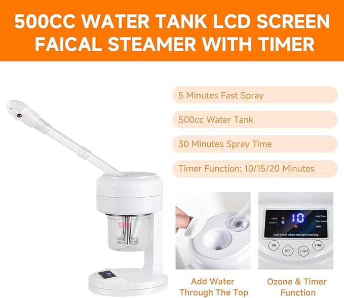 Ozone Facial Steamer, Portable Nano Ionic Face Steamer with LCD Screen, Extendable 360° Rotating Arm, Rotatable Nozzle, Hot Mist Function for Personal Care at Home or Salon-BrightBean Baby
