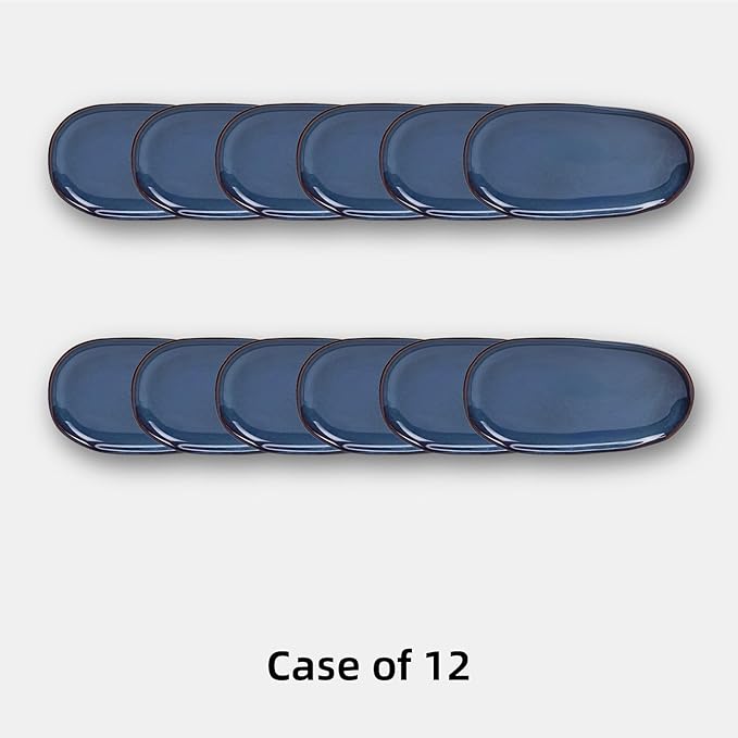 Organic Shape Restaurant Serving Tray 13” X 7", Commerical Grade Catering Stoneware Tray in Ir-regular Organic Shape, Chip & Scratch Resistant, Glossy Reactive Glaze Blue, Case of 12