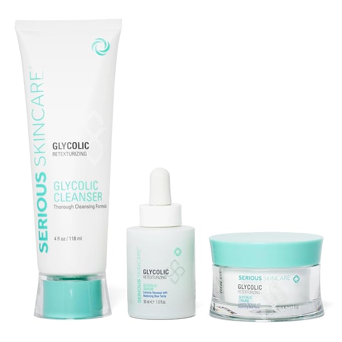 Serious Skincare Glycolic Skin Renewal Set - Retexturizing Serum - Facial Moisture Cream - Face Wash Cleanser - Balancing Blue Tansy Extract - Improve Appearance of Lines, Wrinkles and Enlarged Pores-BrightBean Baby