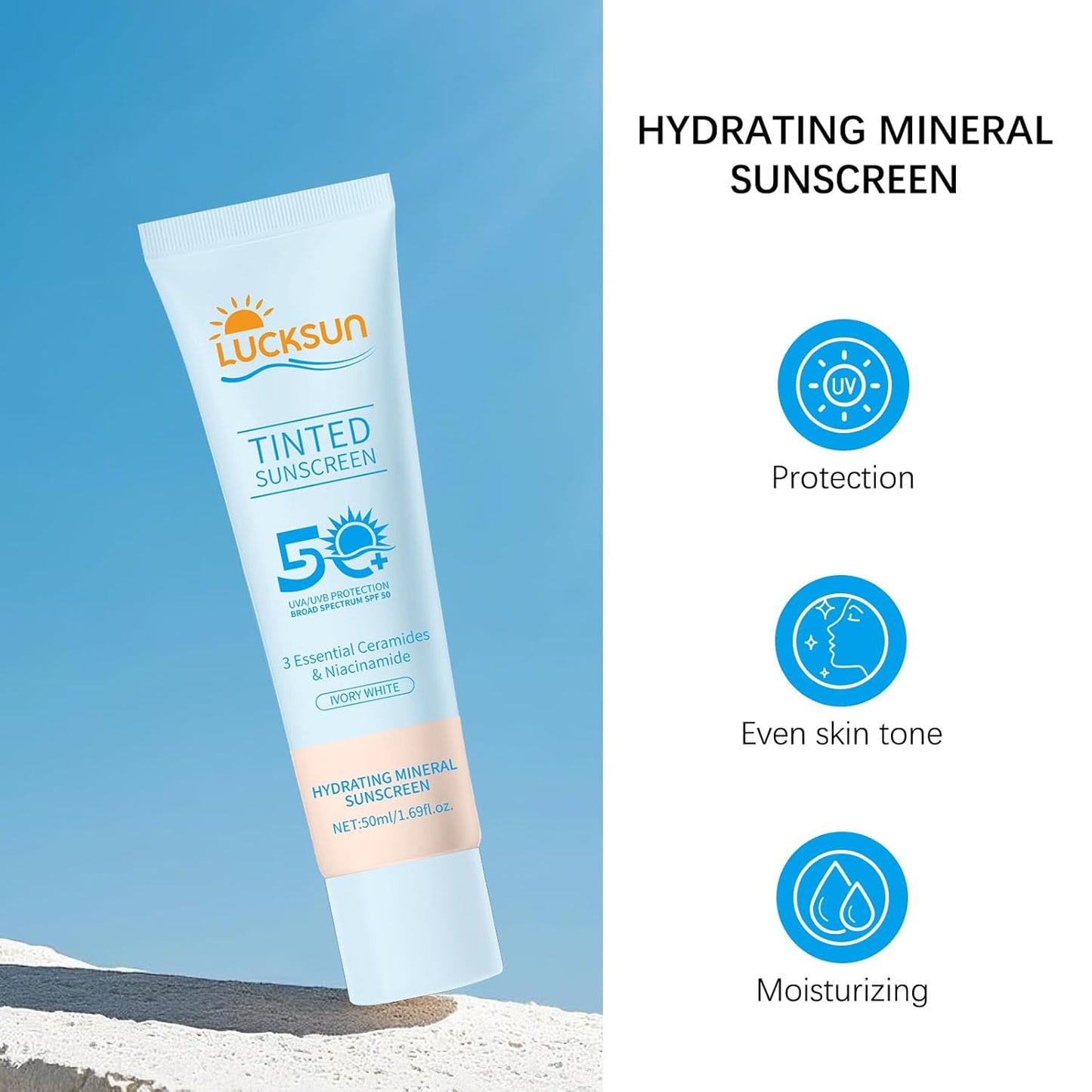 Tinted Sunscreen for Face SPF 50, 2 PCS Defense SPF 50 Face Sunscreen Lotion with Hyaluronic Acid, Sun Essence Faces Sunscreens, Hydrating, Moisturizing, UV Defense, Travel Size (Light Color)-BrightBean Baby