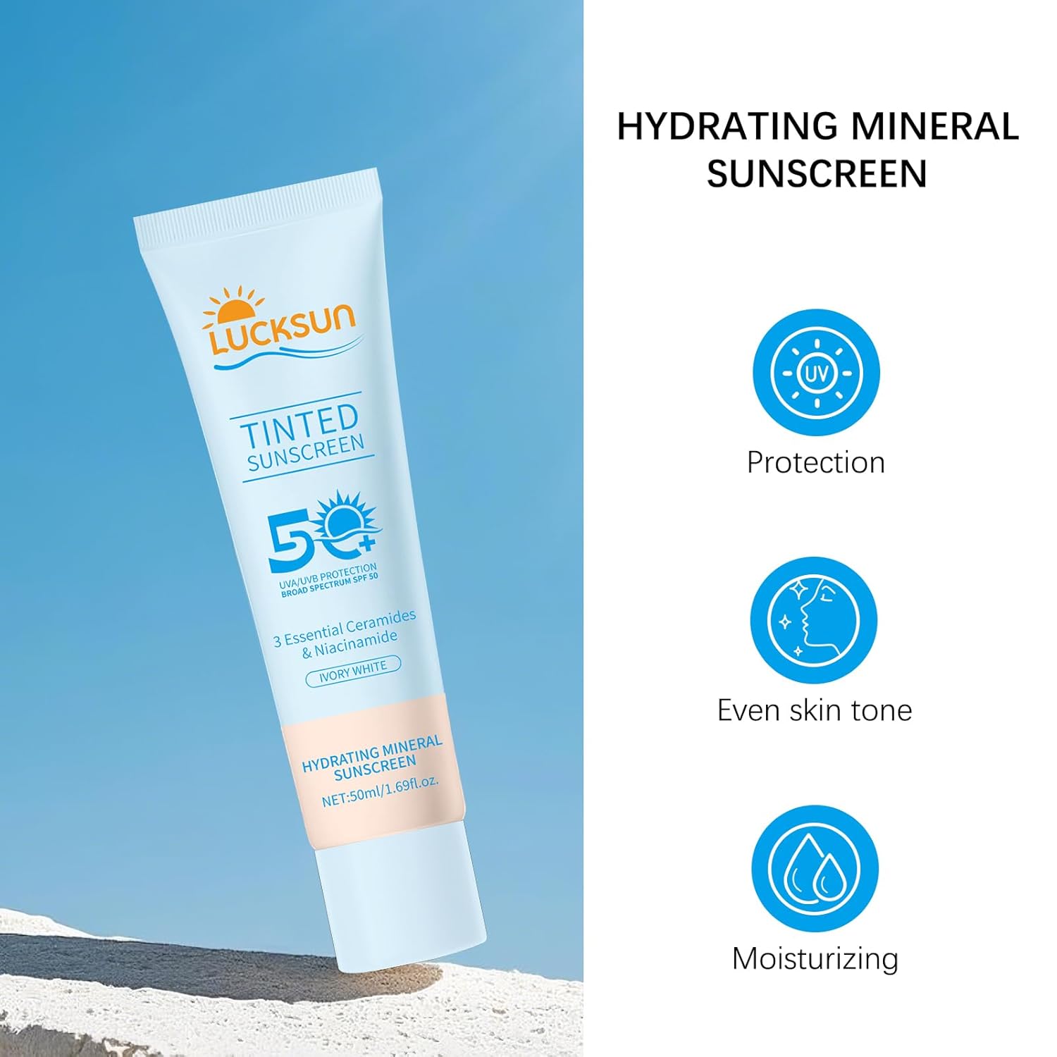 Tinted Sunscreen for Face SPF 50, 2 PCS Defense SPF 50 Face Sunscreen Lotion with Hyaluronic Acid, Sun Essence Faces Sunscreens, Hydrating, Moisturizing, UV Defense, Travel Size (Light Color)-BrightBean Baby