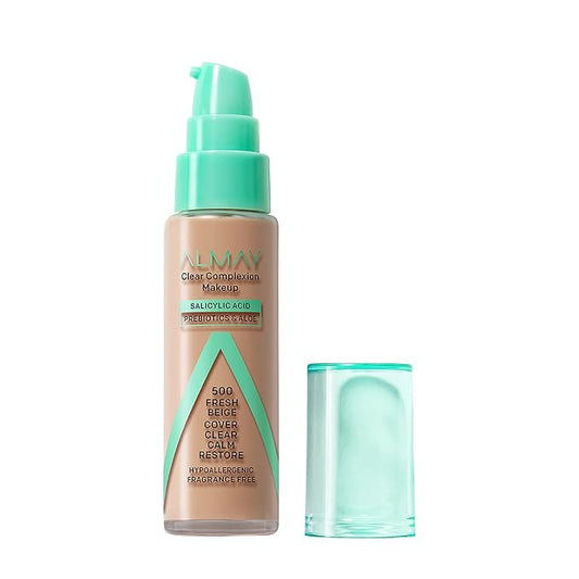 Almay Clear Complexion Acne Foundation Makeup with Salicylic Acid - Lightweight, Medium Coverage, Hypoallergenic, Fragrance-Free, for Sensitive Skin, 500 Fresh Beige, 1 fl oz.-BrightBean Baby