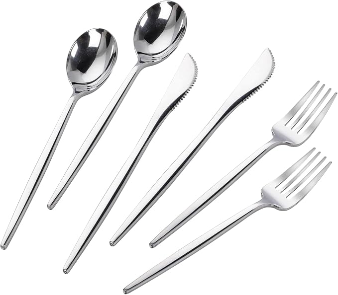 PULOTE 300PCS Silver Plastic Silverware Disposable - Heavy Duty Silver Plastic Cutlery - Disposable Utensils Set Include 100 Knives, 100 Forks and 100 Spoons for Party & Wedding