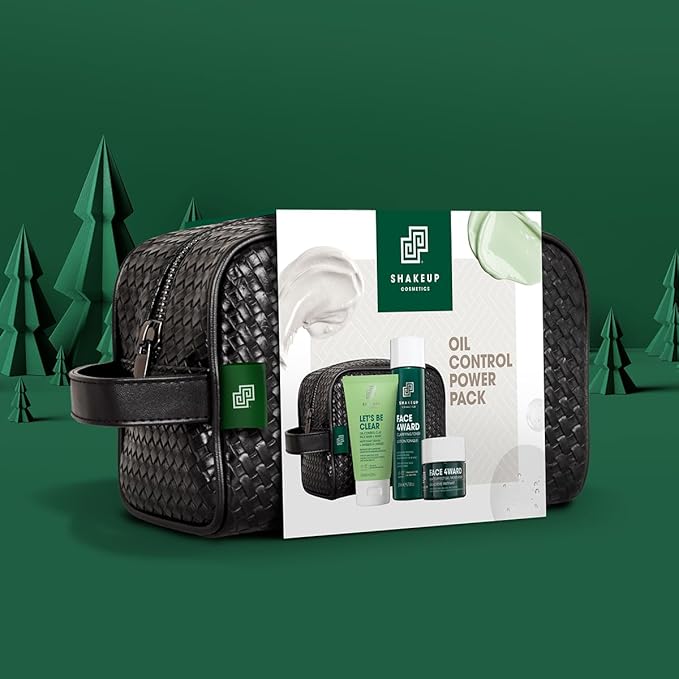 Shakeup - 4-Piece Mens Oil Control Skincare Gift Set, Oily & Acne Skin, Clay Face Wash, Clarifying Toner, Matte-Effect Moisturiser, Plus Wash Bag-BrightBean Baby