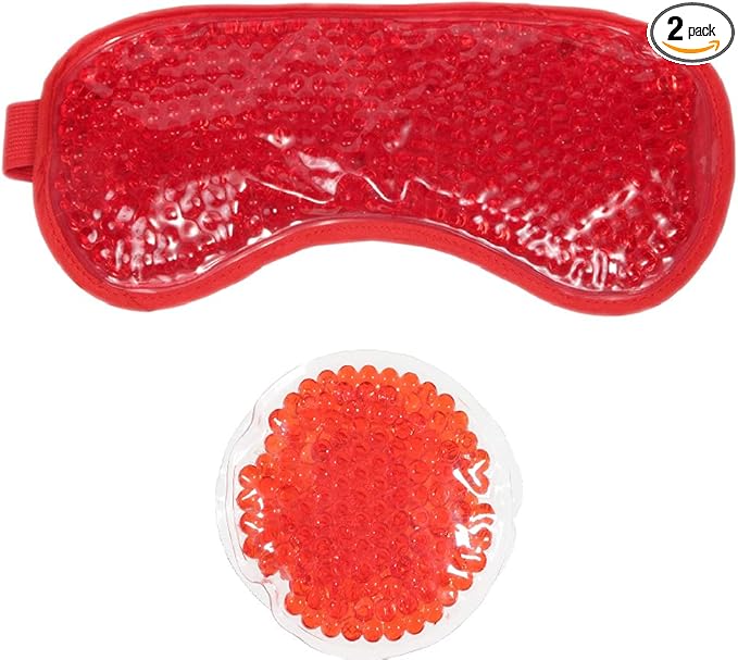 HOT +Cold Aqua Pearls Plush Eye Mask with Soft Plush Backing and Fully Adjustable Strap, Bonus Mini Round pad-2PACKS(Red, Eye Mask+ Mini Round Pad)-BrightBean Baby