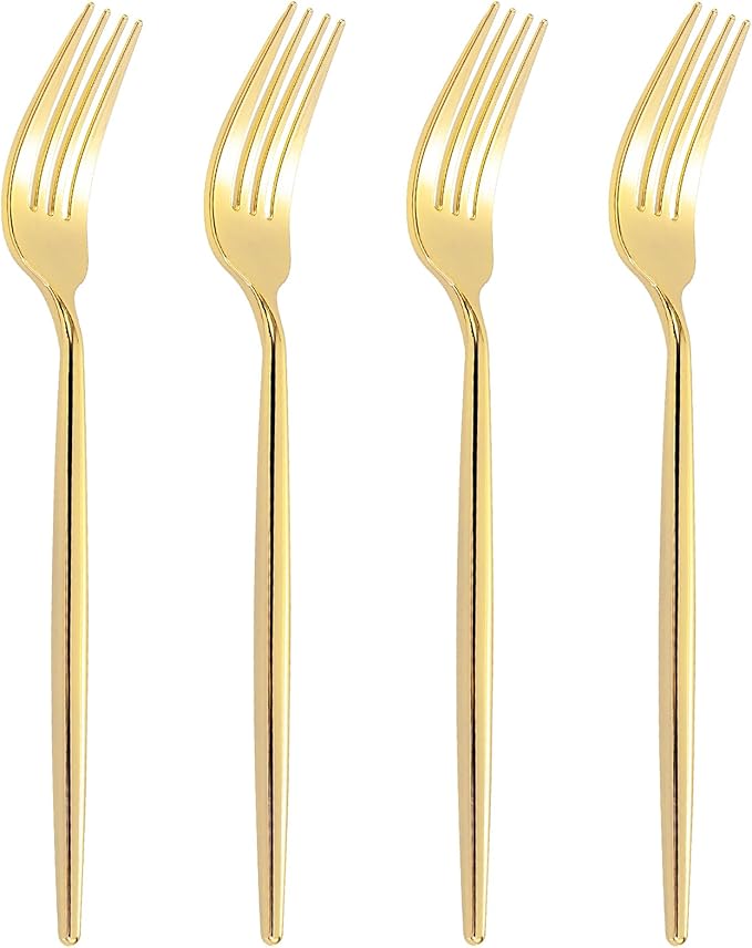 U-QE 60Pcs Gold Plastic Forks - Heavy Duty Plastic Forks Disposable - 7.6 Inch Gold Disposable Forks - Luxurious Plastic Silverware Perfect for Parties, Weddings and Other Daily Events