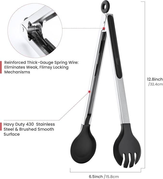 12 Inch Kitchen Tongs for Cooking, 600ºF Heat Resistant Cooking Tongs with Silicone Tip & Measure Spoon, 2-in-1 Silicone Tong for Tossing Salad, Serving Food, Non-Stick & Dishwasher Safe (Black)