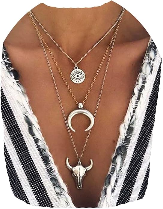 Boho Layered Moon Necklace Silver Compass Disc Pendant Necklace Chain Cow Evil Eye Charm Necklace Jewelry for Women-BrightBean Baby
