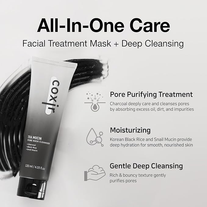 coxir TXA MUCIN ALL-IN-1 PORE MASK –Gelato Texture Wash-Off treatment | Ampoule Mask-to-Foam | Charcoal+ Snail+TXA | Blackhead Remover |Daily Pore Detox for Oily & Sensitive Skin|4.05fl.oz-BrightBean Baby