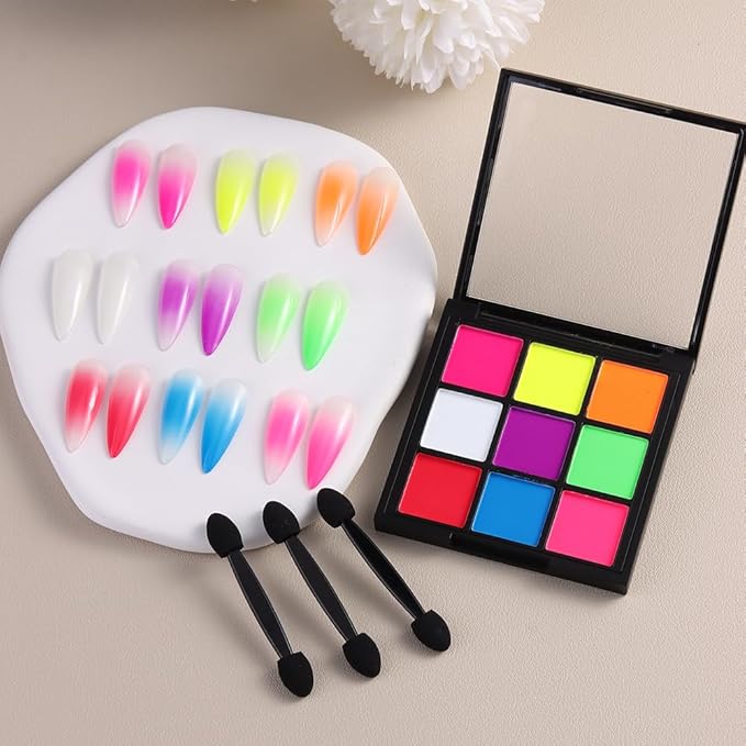 Neon Phosphor Nail Pigment Powder Palette, 9 Colors Solid Pigment Powder for Nails, Fluorescent Glitter Aura Nails Rubbing Dust with Ombre Nail Brush & Sponge Sticks Manicure Art DIY Accessories-BrightBean Baby