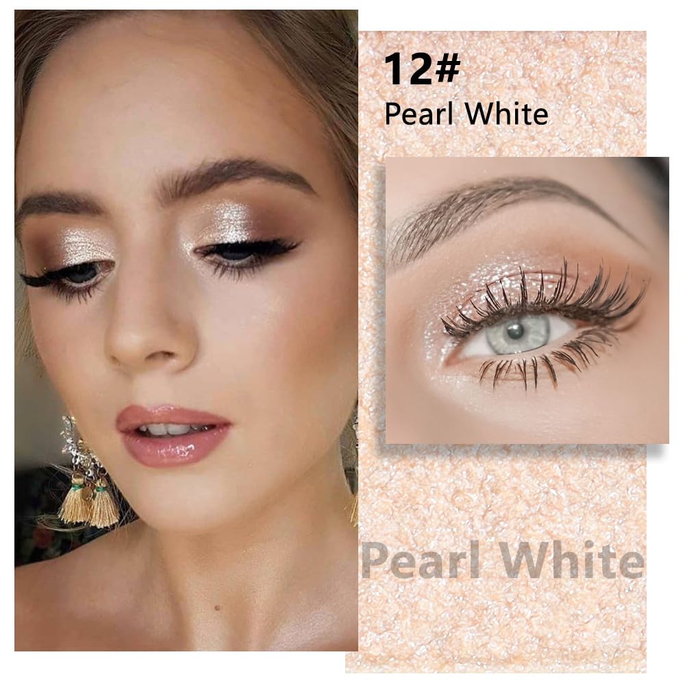 Glitter Singe Eye Shadow Palette Makeup, Pearl White Glitter Monochrome Eyeshadow For Old Women, Mini Pressed Pigmented Waterproof Sombras Para Ojos, Vegan, Talc, Paraben & Cruelty Free, 12-BrightBean Baby