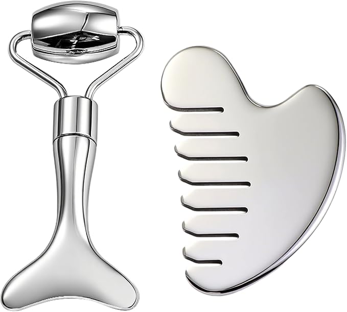 Gua Sha Facial Tool and Face Roller Set, Stainless Steel Lymphatic Drainage Massager for Face, Head, Eyes, Chin and Jaw, Lifting, Massage Scraping with Travel Pouch-BrightBean Baby