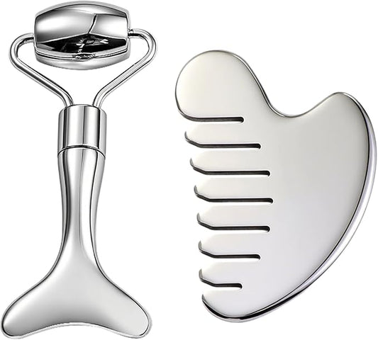 Gua Sha Facial Tool and Face Roller Set, Stainless Steel Lymphatic Drainage Massager for Face, Head, Eyes, Chin and Jaw, Lifting, Massage Scraping with Travel Pouch-BrightBean Baby