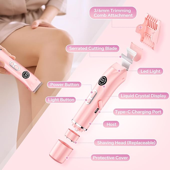 Bikini Trimmer for Women|Hair Removal Shaver - Painless Electric Razor, Cordless Body Shaver for Travel, Replaceable Lady Facial Razor|Trim Nasal/Eyebrows, IPX7 Waterproof&Easy Cleaning, Ceramic Blade-BrightBean Baby